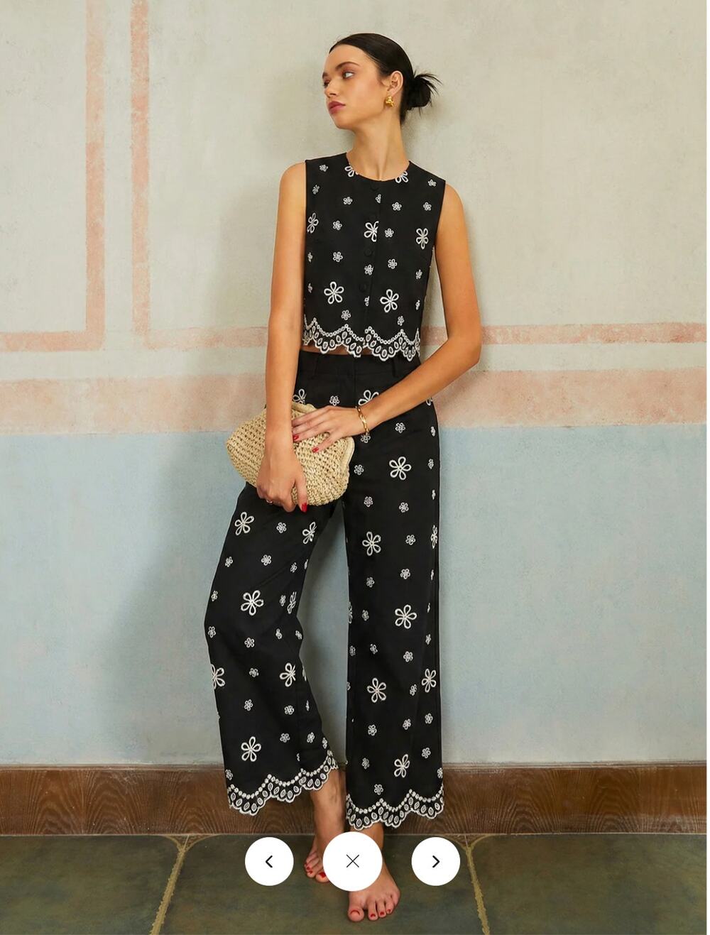 NWT Commense Embroidered Floral Cotton Top & Pants Set Sz L